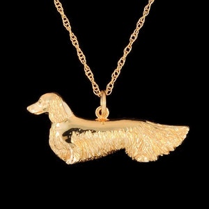 14K Yellow Gold Full Body Long Haired Dachshund Pendant or Necklace (Optional Chain)