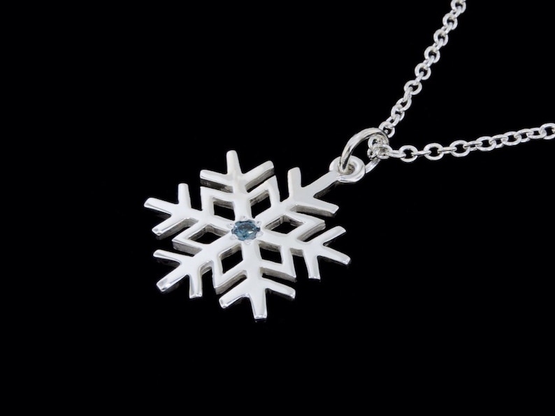 Optional Chain Sterling Silver High Polished Snowflake with .05ct Blue Diamond Center Pendant or Necklace