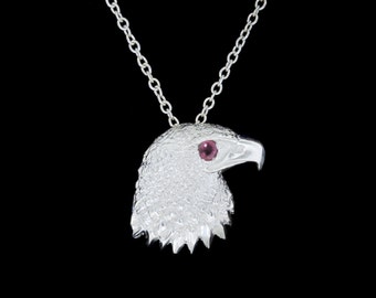 Sterling Silver Bald Eagle Pendant with Genuine Ruby Eye Pendant or Necklace (Optional Chain)