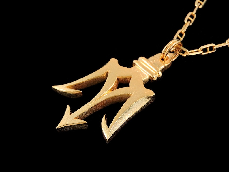Large 14k Yellow Gold Poseidon's Trident Pendant or Necklace (Optional Chain) image 1