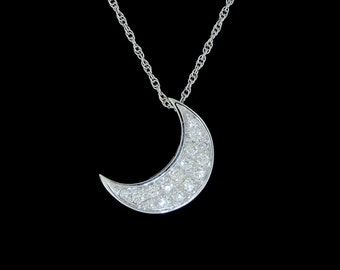 14k White Gold Pave Crescent Moon with SI1 G-H Diamonds Pendant or Necklace (Optional Chain)