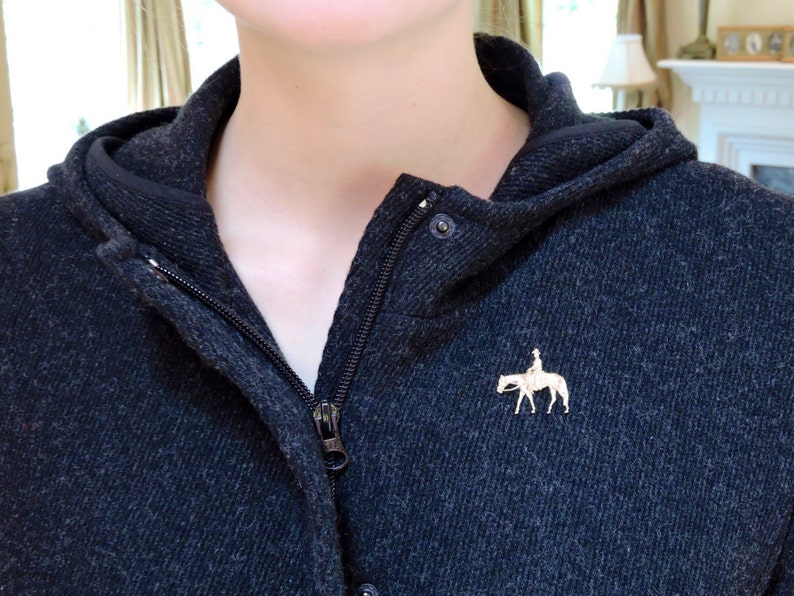 May include: A dark gray hooded sweatshirt with a zipper closure and a small gold pin of a rider on a horse.