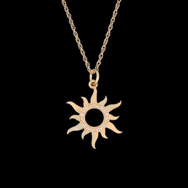 14k Yellow Gold and Diamond Sun Halo Pendant or Necklace (Optional Chain)