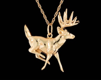 14k Yellow Gold Running White Tail Deer Buck Pendant or