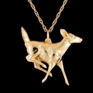14K Yellow Gold Running Doe Pendant: White Tail Deer Necklace