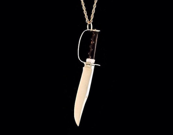 14k Gold Miniature Bowie Knife Pendant: Water Buffalo Horn & Bone