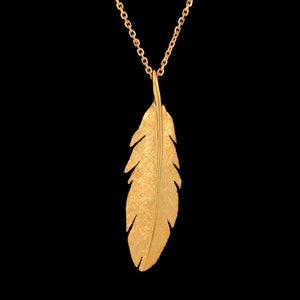 Large Raven Feather 14k Yellow Gold Pendant or Necklace (Optional Chain)