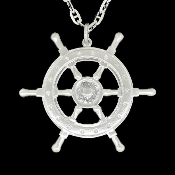 Large Sterling Silver Satin Finish Ships Helm Pendant or Necklace (Optional Chain)