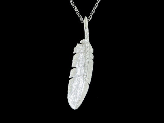 Solid 14K White Gold Feather With Diamond Pave Quill Pendant or