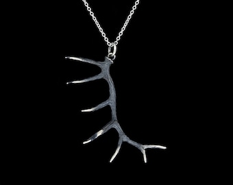 Oxidized Sterling Silver Large Elk Antler Pendant or Necklace (Optional Chain)