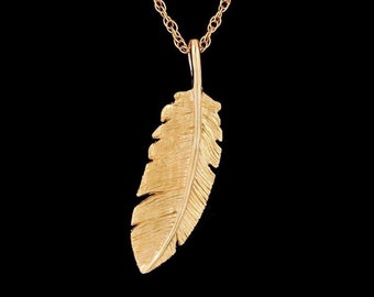 Solid 14k Yellow Gold Double Sided Feather Pendant or Necklace (Optional Chain)