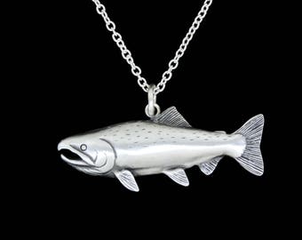 Sterling Silver Satin Finish Chinook Salmon Pendant or Necklace (Optional Chain)