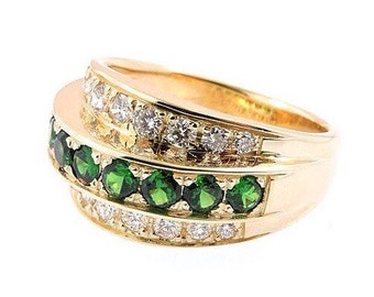 14k Yellow Gold Three Row Ring: Tsavorite Garnet and Diamond