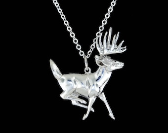 Sterling Silver Running White Tail Deer Buck Pendant or Necklace (Optional Chain)