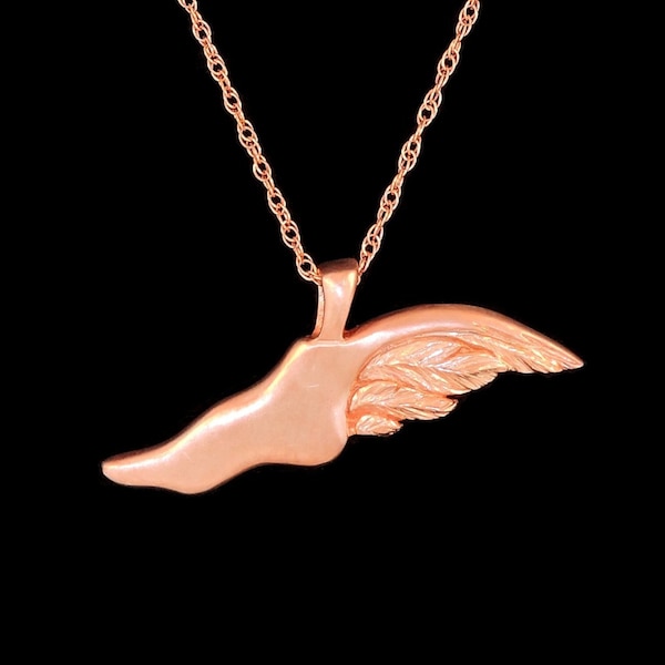 Solid 14k Rose Gold Satin Finish Hermes Flying Shoe Winged Foot Pendant or Necklace (Optional Chain)