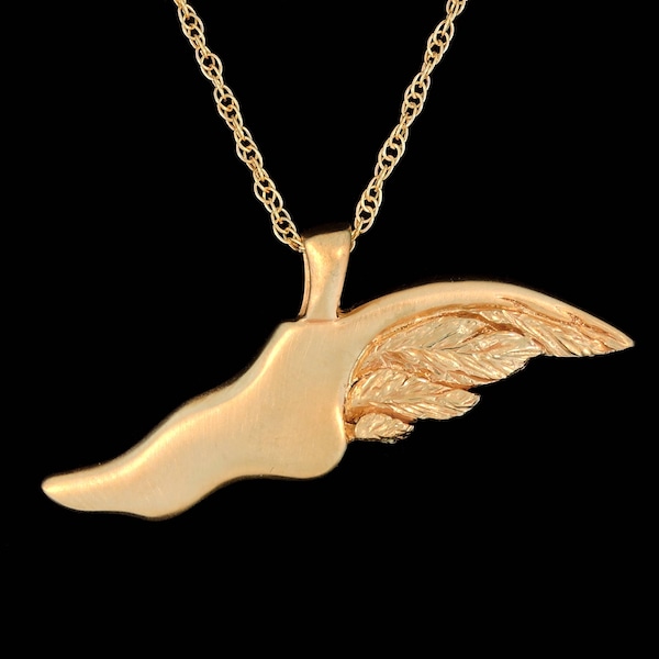 Solid 14k Yellow Gold Satin Finish Hermes Flying Shoe Winged Foot Pendant or Necklace (Optional Chain)