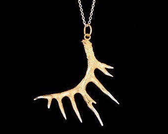 Sterling Silver Deer Antler Pendant: 22k Gold Plated Necklace