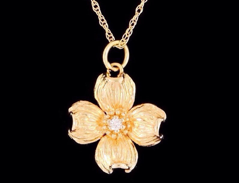 14k Yellow Gold and Diamond Dogwood Blossom Pendant or Necklace (Optional Chain)thumbnail