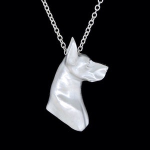 Sterling Silver Satin Finish American Great Dane Head Study Necklace (Optional Chain)