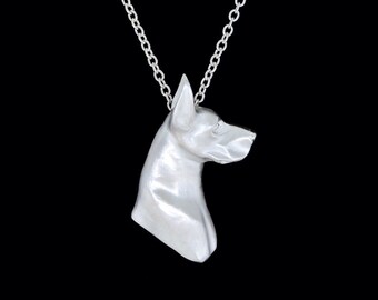 Sterling Silver Satin Finish American Great Dane Head Study Necklace (Optional Chain)