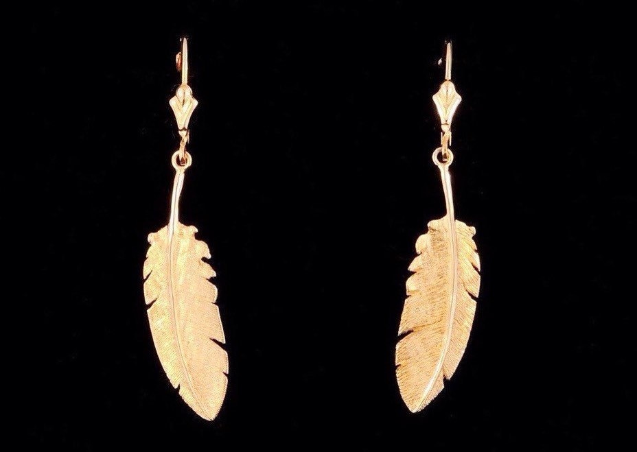 14k Yellow Gold Feather Earrings With Lever Back Hooks Etsy