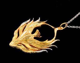 Sterling Silver Fire Phoenix with 22k Yellow Gold Plating Pendant or Necklace (Optional Chain)