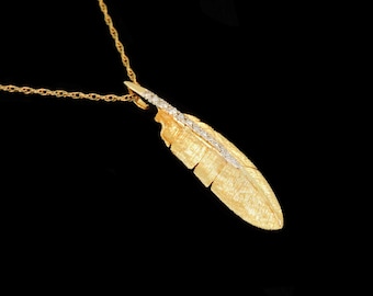 Solid 18K Yellow Gold and .06ct SI1 G Diamond Feather Pendant or Necklace (Optional Chain)