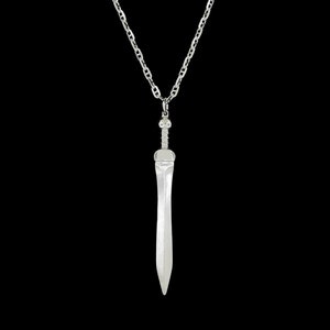 May include: A silver chain necklace with a silver sword pendant.