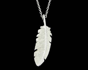 Solid Platinum Double Sided Feather Pendant or Necklace (Optional Chain)