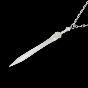May include: A silver sword pendant necklace with a chain link design. The pendant is a detailed replica of a sword with a pointed tip.