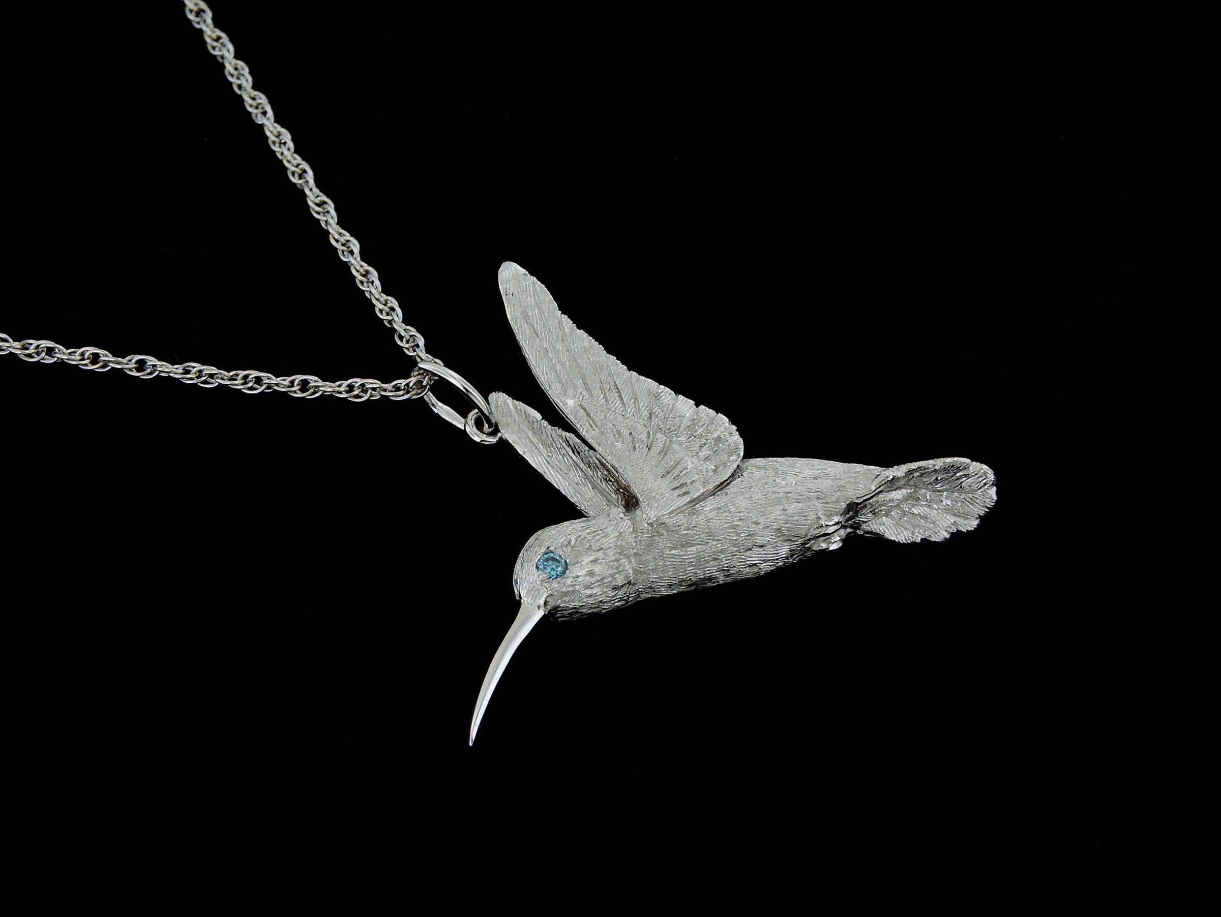 Small 14k White Gold Hummingbird With Blue Diamond Eye Pendant or