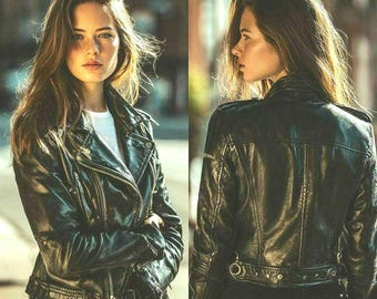 Women's Black Genuine Leather Biker Jacket, Slim Fit Moto Coat