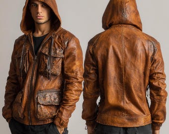 Men’s Distressed Brown Leather Hoodie Jacket, Handmade Vintage Biker Coat