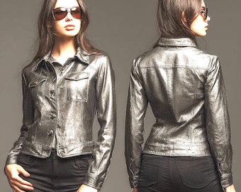 Metallic Silver Leather Jacket, Women's Shimmer Biker Style