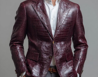 Blazer de piel burdeos con estampado de cocodrilo para hombre, hecho a mano, estilo exótico