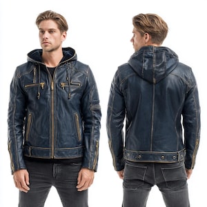 May include: A navy blue leather jacket with a hood, featuring a zip-up front and multiple zippered pockets. The jacket has a distressed finish with gold-colored zippers and stitching details. The image shows the jacket from the front and back.