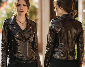 Chaqueta de motociclista de piel auténtica marrón para mujer, estilo vintage, corte entallado.