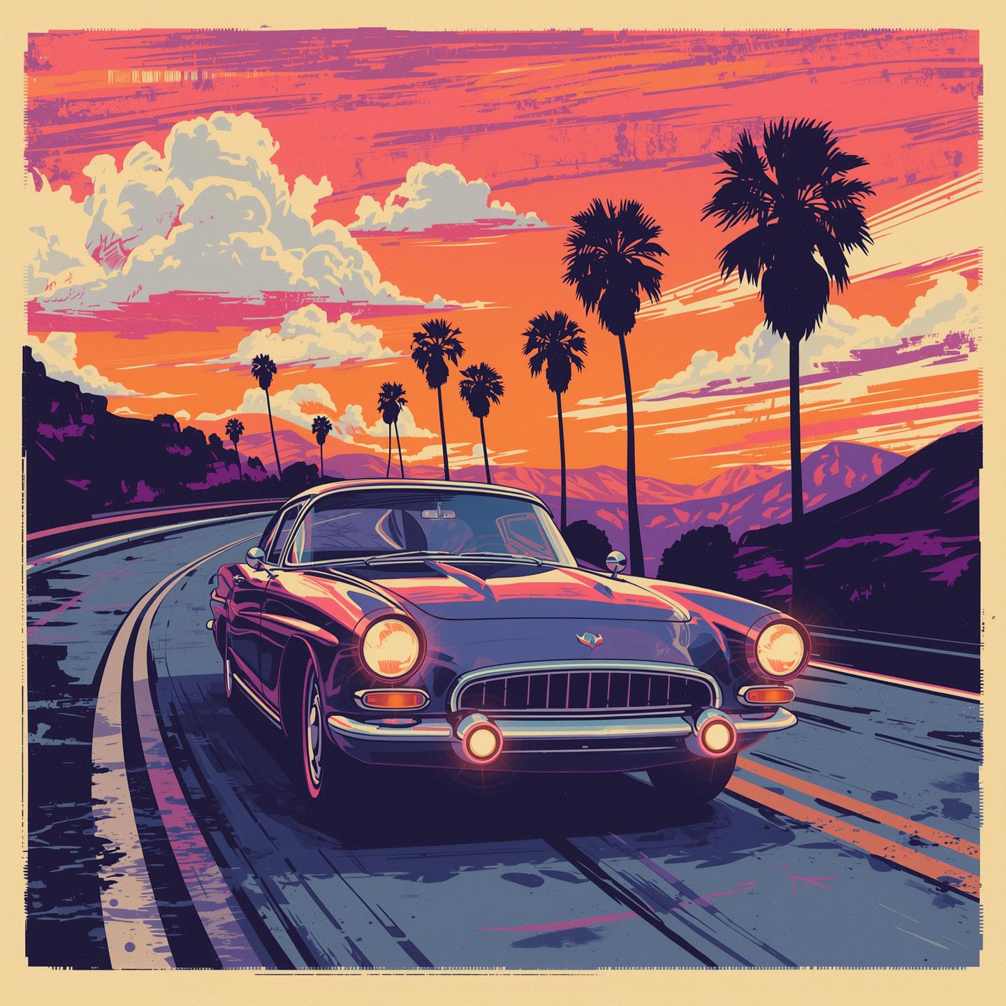 レトロクラシックカーのTシャツ/ポスターデザイン100選 – サンセット