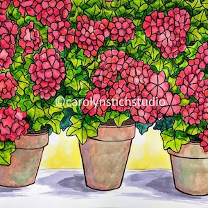 May include: Three terracotta pots filled with vibrant pink geraniums, set against a yellow background. The flowers are in full bloom, with lush green leaves.