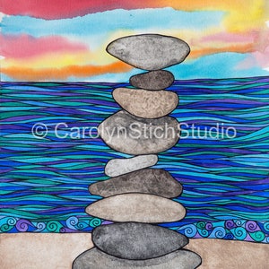 May include: A watercolor painting of a stack of gray stones balanced on top of each other against a blue and green striped background. The background also features a sunset with orange, yellow, pink, and red hues. The text "Carolyn Stich Studio" is visible in the lower left corner of the image.