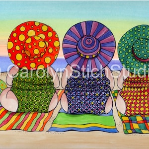 May include: Three cartoon figures wearing colorful bathing suits and large sun hats sit on striped beach towels on a sandy beach. A beach ball with a colorful patchwork design sits in front of the figures.