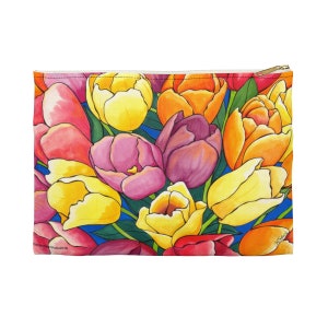 May include: A colorful zippered pouch with a floral design featuring a bouquet of tulips in shades of yellow, orange, pink, purple, and red. The tulips are arranged in a tight cluster and appear to be painted in a stylized manner.