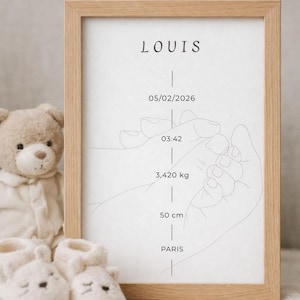 Peut inclure: Un cadre en bois clair avec le nom "LOUIS" et les détails de naissance : date, heure, poids (3,420 kg) et taille (50 cm). Un ours en peluche et des chaussons pour bébé sont au premier plan.