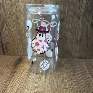Cowgirl Ghost Acrylic Tumbler - Pink Halloween Tumbler with Disco balls & Stars - Western meets Spooky