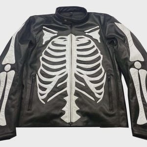 Mens Leather Jacket Skeleton Bones Biker Motorcycle Real Leather Coat, Gothic Punk Rock Riding Jacket, Vintage Skull Moto Clubwear Outerwear