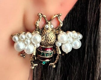 Gift For Her - Gold Bee Stud Earrings - Pearl Bumblebee Earrings