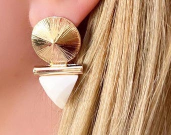 Gold Geometric Drop Earrings - White Triangle Resin Dangle - Wedding Earrings