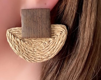 Boho Wood and Straw Earrings - Natural Raffia Geometric Studs - Gift For Her