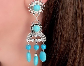 Pendientes bohemios turquesa - Colgantes étnicos plateados - Estilo occidental