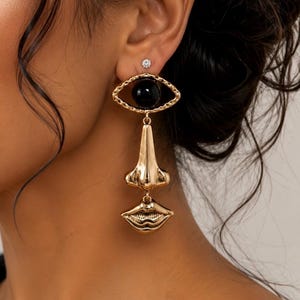 Gold Plated Surrealist Face Earrings - Abstract Eye Nose Lip Jewelry